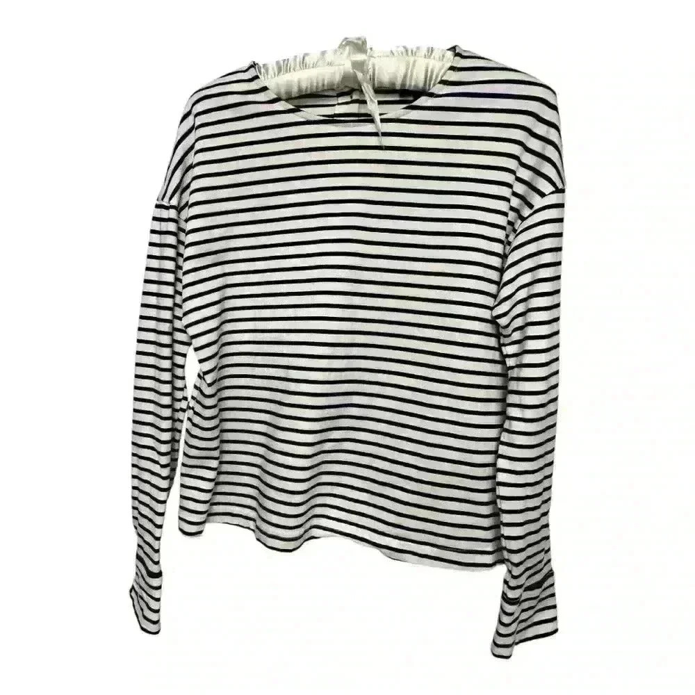 Who What Wear Long Sleeve Black White Nautical Striped Shirt Button Detail, S